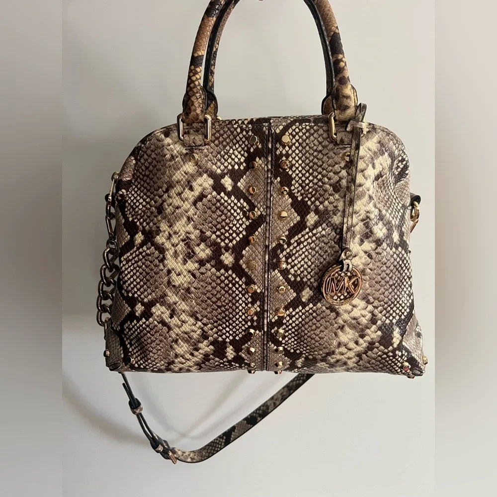 Michael Kors Astor Studded Snake-Embossed Leather Satchel handbag